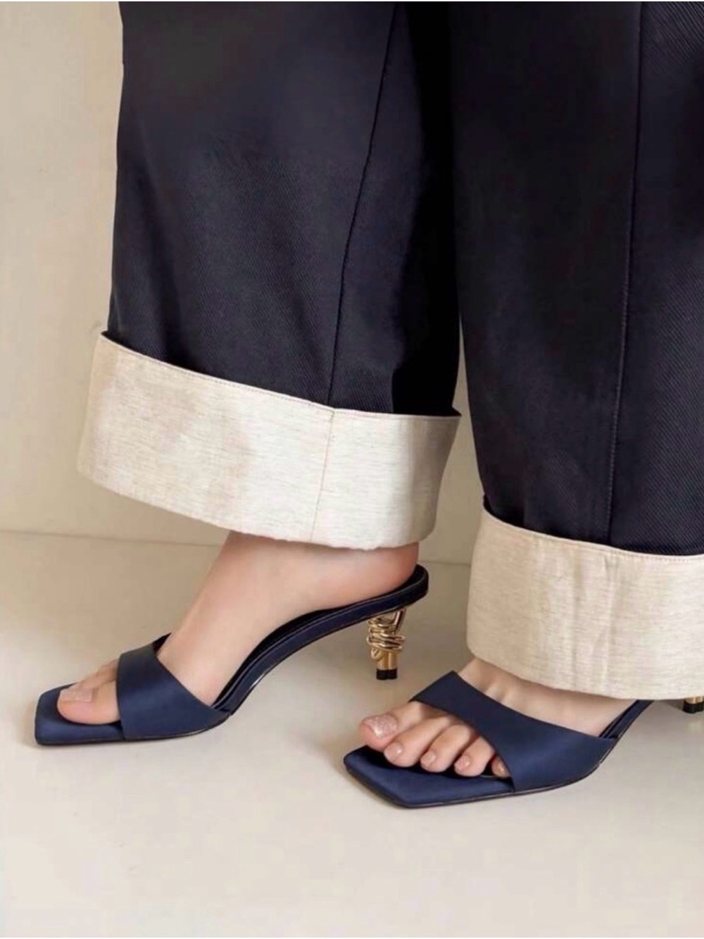 NWT Navy Blue Satin Square-Toe Slide Heels w/ Gold Sculpted Heel, Women’s Size 8